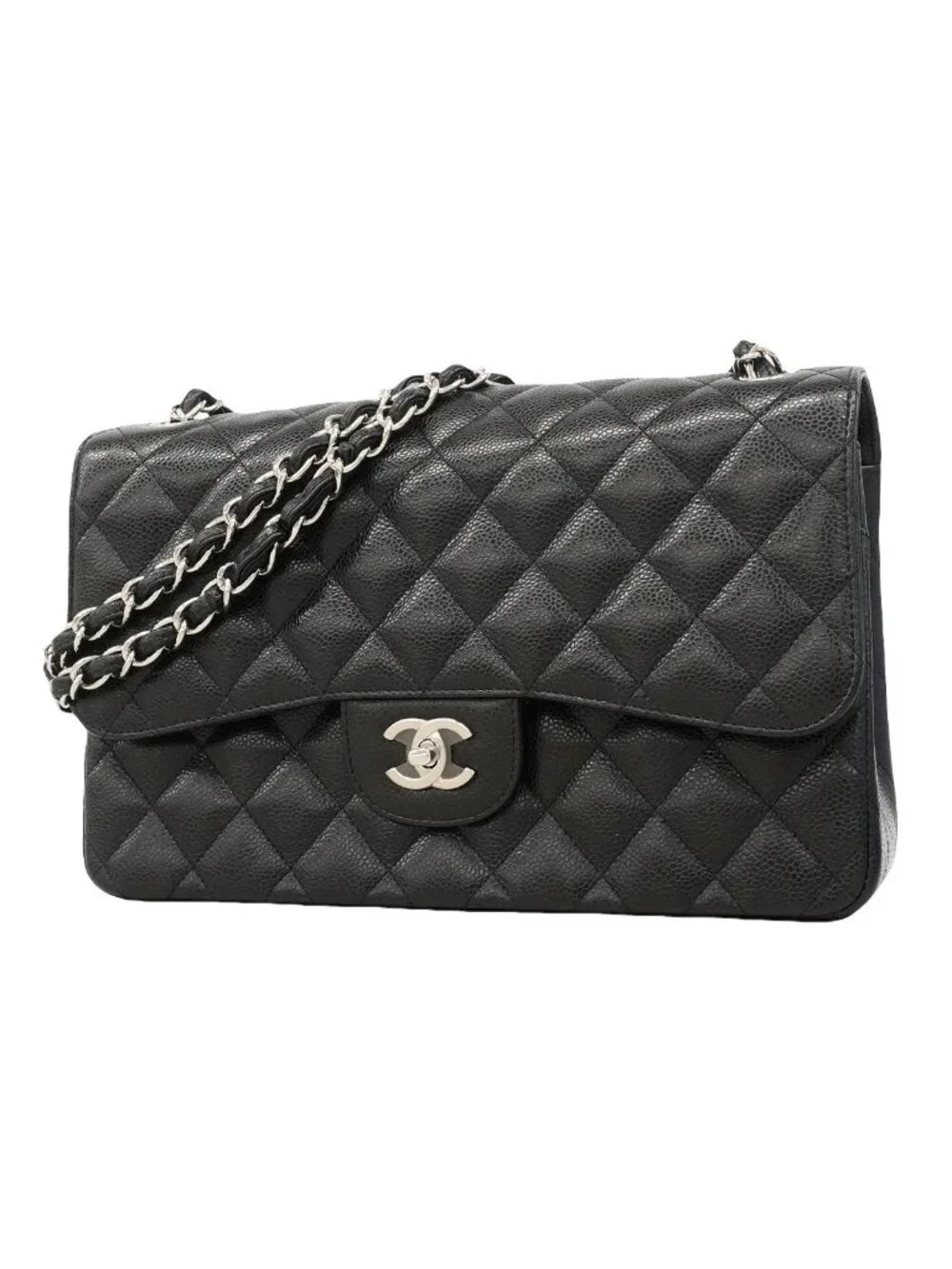 Chanel Shoulder Bag Maxi Quilted Caviar Leather Black Silver